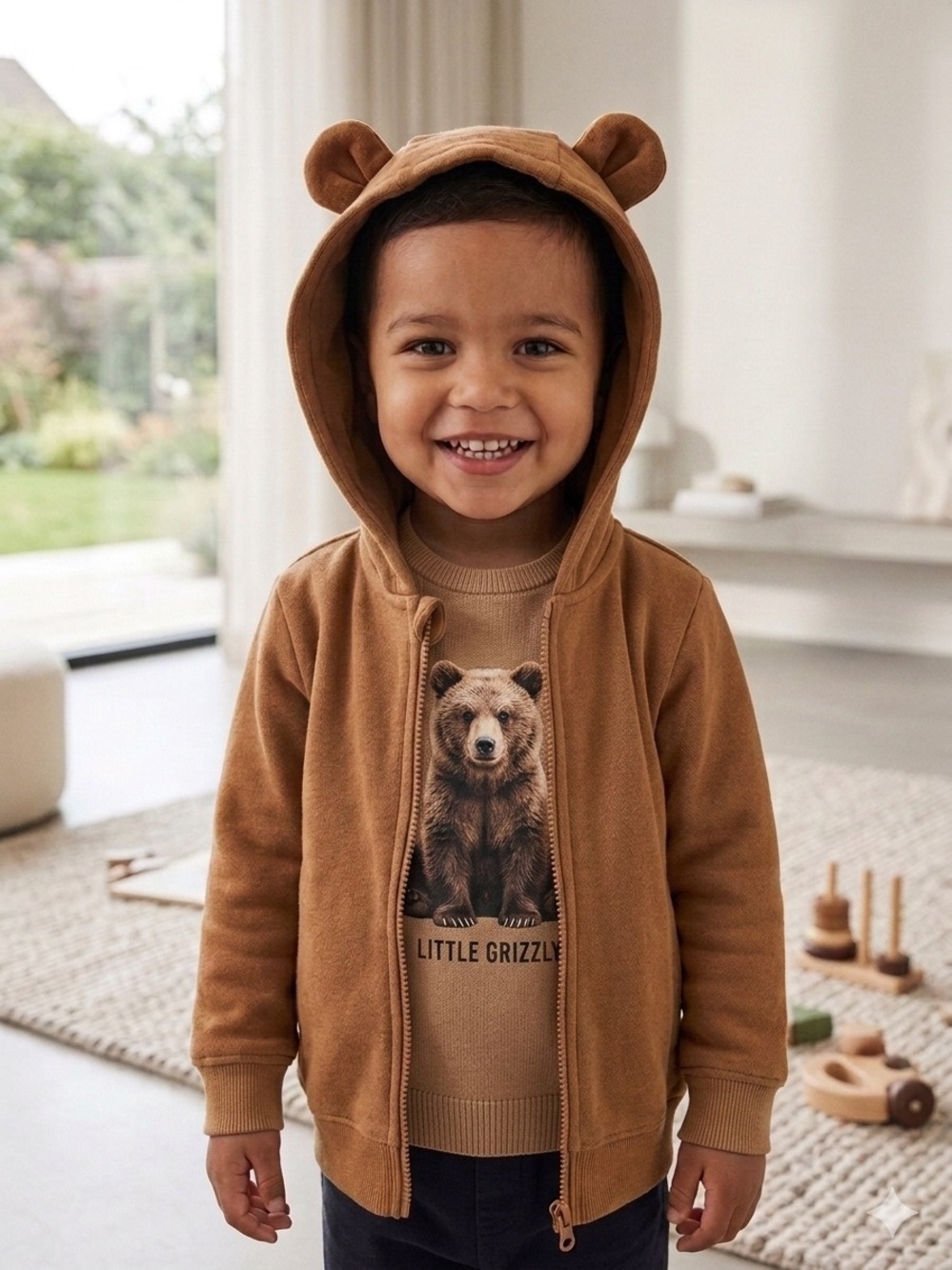 H&M Toddler Bear-Ear Full-Zip Hoodie - Brown Sugar - Size 3-4T